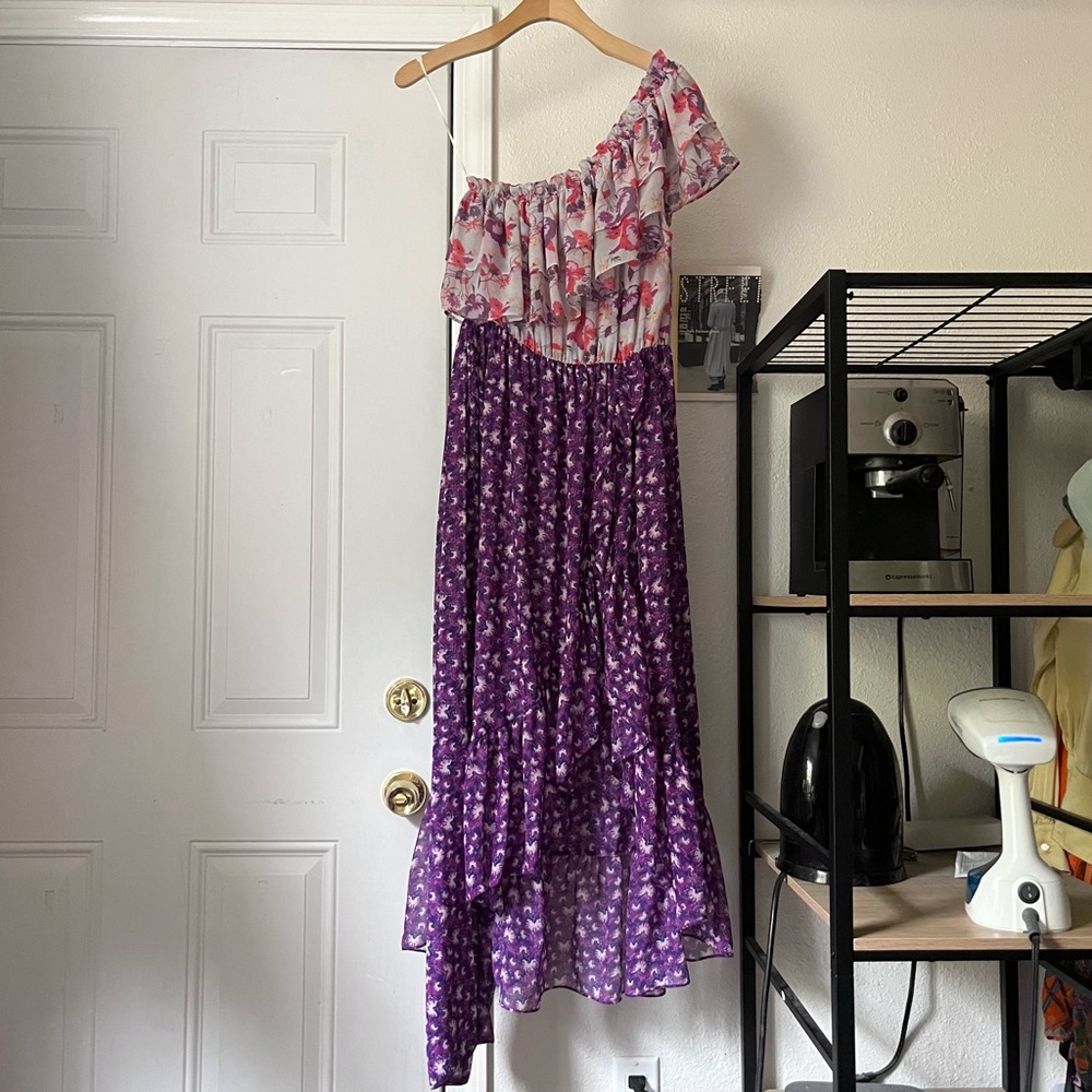 MISA pink purple mixed print floral ruffle asymmetrical sleeveless maxi dress